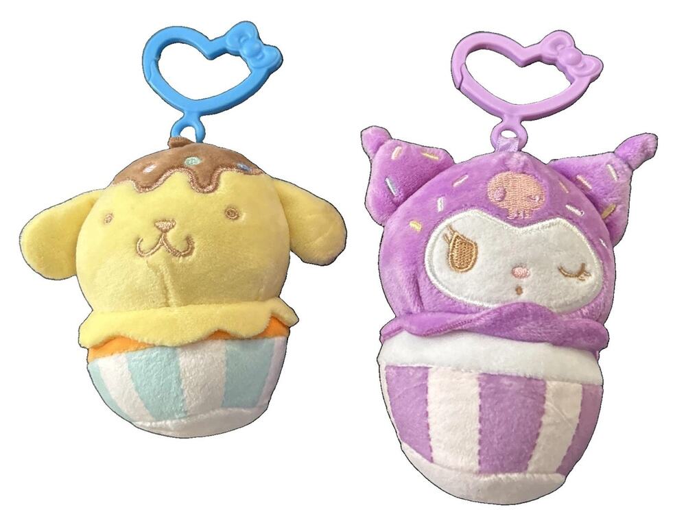 Hello Kitty & Friends Set Of 2 Mini Plush Clips Pompompurin & Kuromi Brand New!
